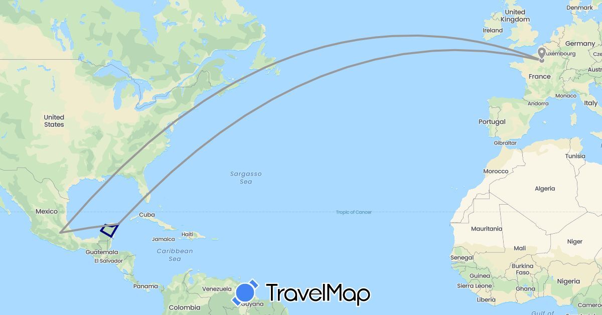 TravelMap itinerary: driving, plane in France, Mexico (Europe, North America)